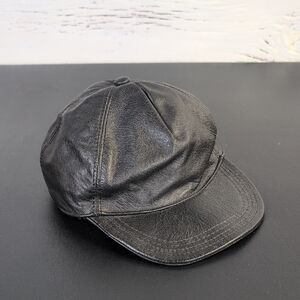 Vintage Black Genuine Leather Newsboy Cap Made in USA Adjustable
